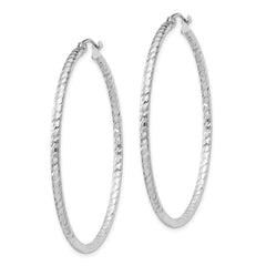 Rhodium-plated Sterling Silver Diamond-cut 2x45mm Hoop Earrings