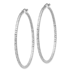Rhodium-plated Sterling Silver Diamond-cut 2x50mm Hoop Earrings