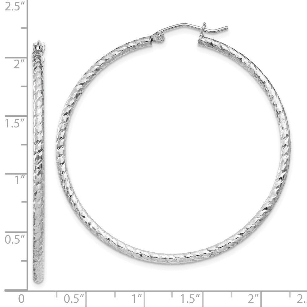 Rhodium-plated Sterling Silver Diamond-cut 2x50mm Hoop Earrings