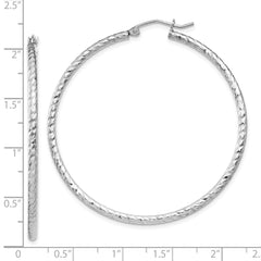 Rhodium-plated Sterling Silver Diamond-cut 2x50mm Hoop Earrings