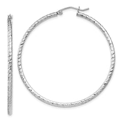Rhodium-plated Sterling Silver Diamond-cut 2x50mm Hoop Earrings
