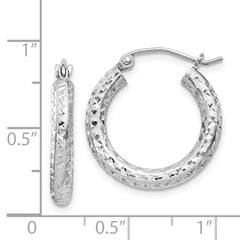 Rhodium-plated Sterling Silver Diamond-cut 3x20mm Hoop Earrings