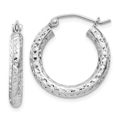 Rhodium-plated Sterling Silver Diamond-cut 3x20mm Hoop Earrings