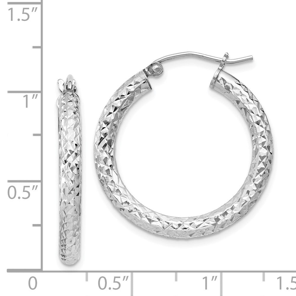Rhodium-plated Sterling Silver Diamond-cut 3x25mm Hoop Earrings