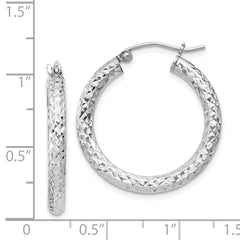 Rhodium-plated Sterling Silver Diamond-cut 3x25mm Hoop Earrings