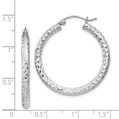 Rhodium-plated Sterling Silver Diamond-cut 3x30mm Hoop Earrings