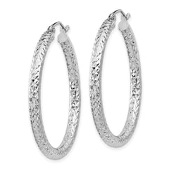 Rhodium-plated Sterling Silver Diamond-cut 3x35mm Hoop Earrings