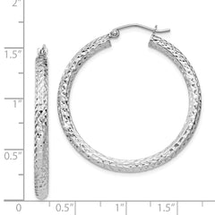 Rhodium-plated Sterling Silver Diamond-cut 3x35mm Hoop Earrings
