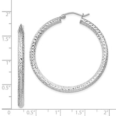 Rhodium-plated Sterling Silver Diamond-cut 3x40mm Hoop Earrings