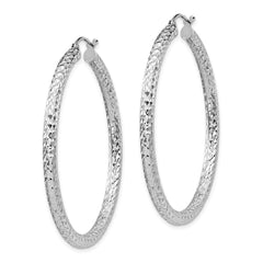 Rhodium-plated Sterling Silver Diamond-cut 3x45mm Hoop Earrings