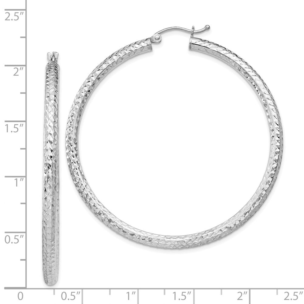 Rhodium-plated Sterling Silver Diamond-cut 3x50mm Hoop Earrings