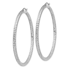 Rhodium-plated Sterling Silver Diamond-cut 3x55mm Hoop Earrings