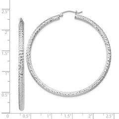 Rhodium-plated Sterling Silver Diamond-cut 3x55mm Hoop Earrings