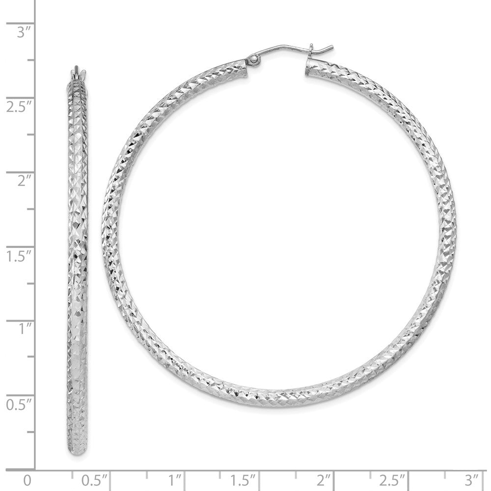 Rhodium-plated Sterling Silver Diamond-cut 3x60mm Hoop Earrings