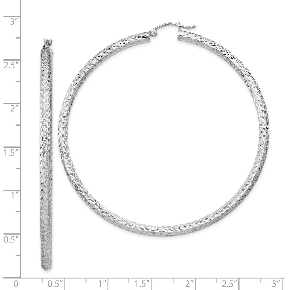 Rhodium-plated Sterling Silver Diamond-cut 3x65mm Hoop Earrings