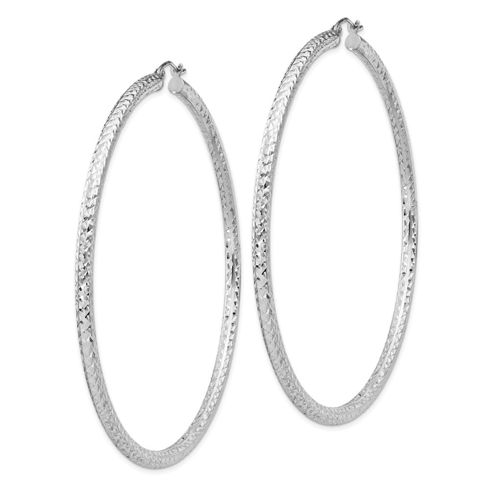 Rhodium-plated Sterling Silver Diamond-cut 3x70mm Hoop Earrings