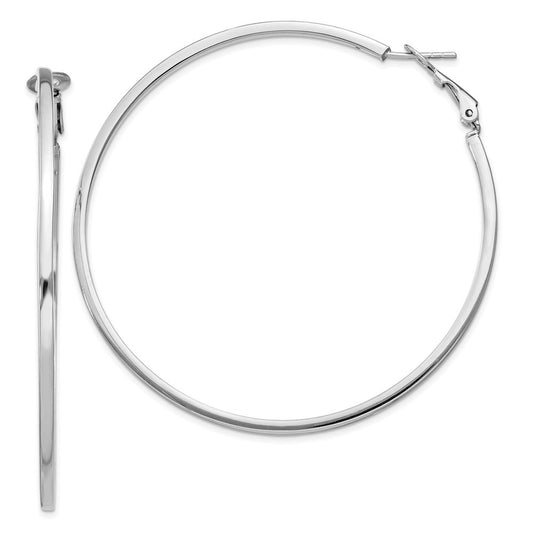 Rhodium-plated Silver 2x60mm Omega Back Hoop Earrings