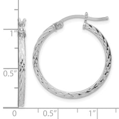 Rhodium-plated Sterling Silver Diamond-cut 2x25mm Square Tube Hoop Earrings