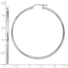 Rhodium-plated Sterling Silver Diamond-cut 2x55mm Square Tube Hoop Earrings