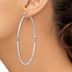 Rhodium-plated Sterling Silver Diamond-cut 2x80mm Square Tube Hoop Earrings