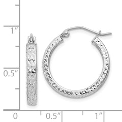 Rhodium-plated Sterling Silver Diamond-cut 3x20mm Hoop Earrings