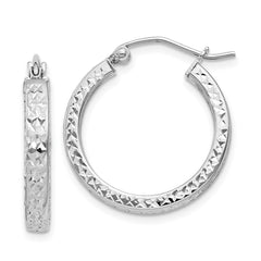Rhodium-plated Sterling Silver Diamond-cut 3x20mm Hoop Earrings