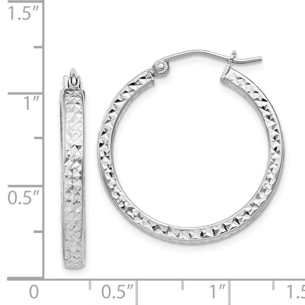Rhodium-plated Sterling Silver Diamond-cut 3x25mm Hoop Earrings
