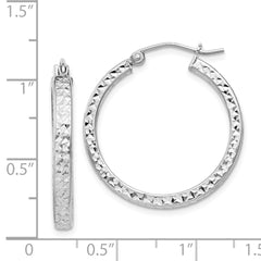 Rhodium-plated Sterling Silver Diamond-cut 3x25mm Hoop Earrings