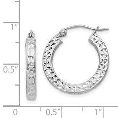 Rhodium-plated Sterling Silver Diamond-cut 3x20mm Square Tube Hoop Earrings