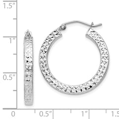 Rhodium-plated Sterling Silver Diamond-cut 3x25mm Square Tube Hoop Earrings