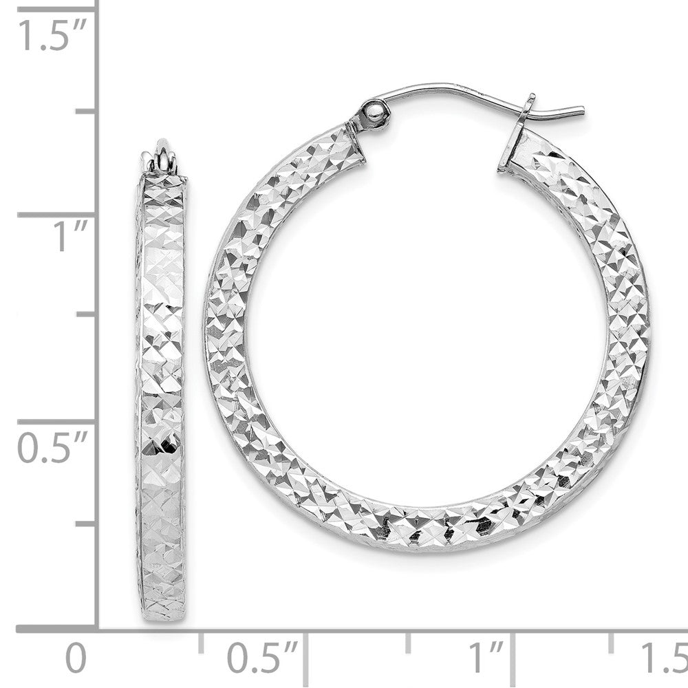 Rhodium-plated Sterling Silver Diamond-cut 3x30mm Square Tube Hoop Earrings