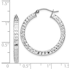 Rhodium-plated Sterling Silver Diamond-cut 3x30mm Square Tube Hoop Earrings