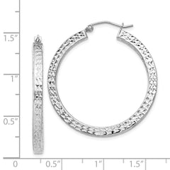 Rhodium-plated Sterling Silver Diamond-cut 3x35mm Square Tube Hoop Earrings