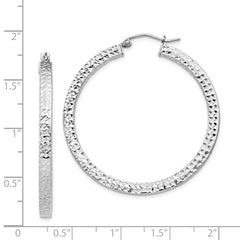 Rhodium-plated Sterling Silver Diamond-cut 3x40mm Square Tube Hoop Earrings