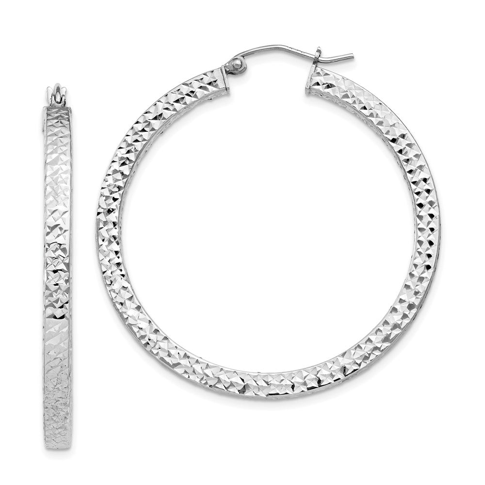 Rhodium-plated Sterling Silver Diamond-cut 3x40mm Square Tube Hoop Earrings