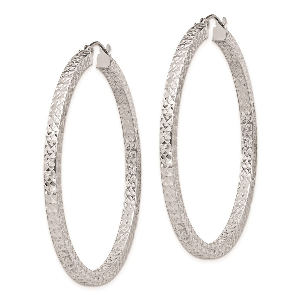 Rhodium-plated Sterling Silver Diamond-cut 3x50mm Square Tube Hoop Earrings