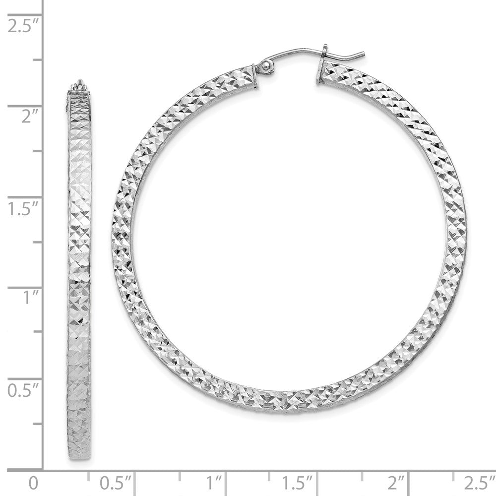Rhodium-plated Sterling Silver Diamond-cut 3x50mm Square Tube Hoop Earrings