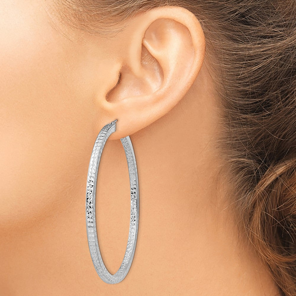 Rhodium-plated Sterling Silver Diamond-cut 3x60mm Square Tube Hoop Earrings