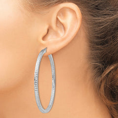 Rhodium-plated Sterling Silver Diamond-cut 3x60mm Square Tube Hoop Earrings
