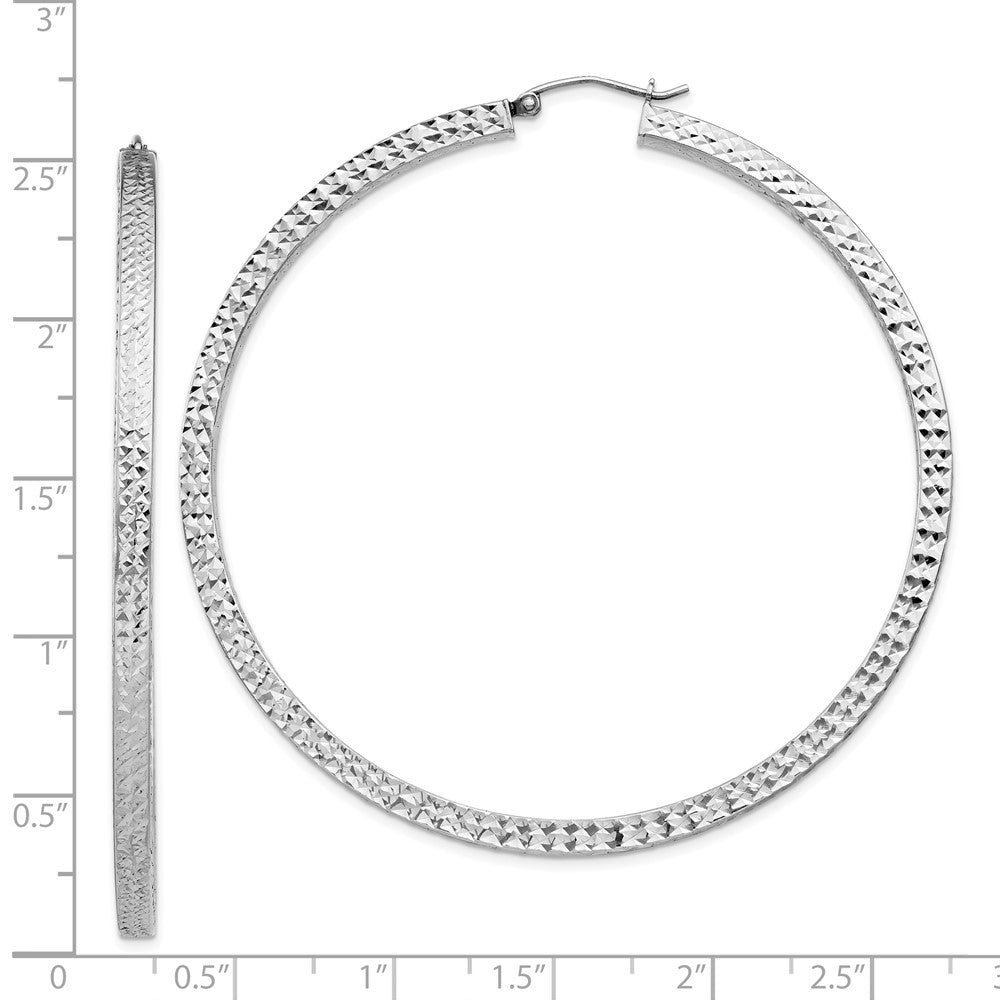 Rhodium-plated Sterling Silver Diamond-cut 3x65mm Square Tube Hoop Earrings
