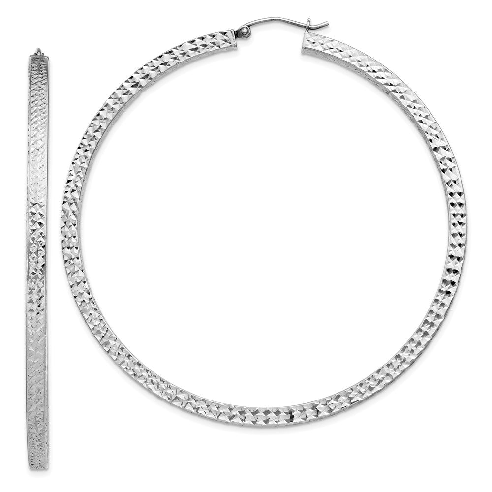 Rhodium-plated Sterling Silver Diamond-cut 3x65mm Square Tube Hoop Earrings
