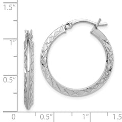 Rhodium-plated Sterling Silver Diamond-cut 3x25mm Hoop Earrings