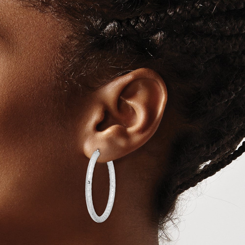 Rhodium-plated Sterling Silver 3.25x40mm Omega Back Hoop Earrings