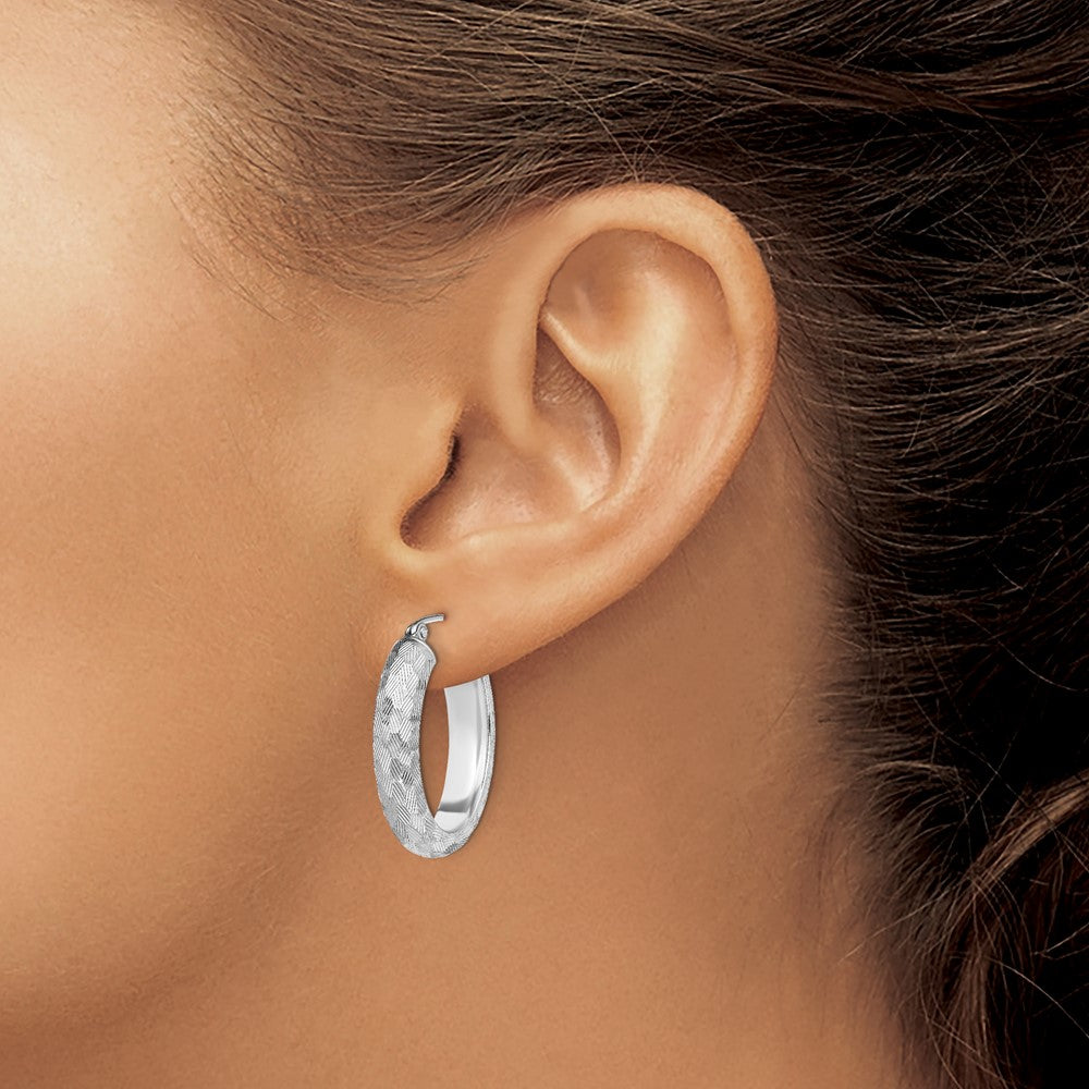 Rhodium-plated Sterling Silver Diamond-cut 5mm Oval Hoop Earrings