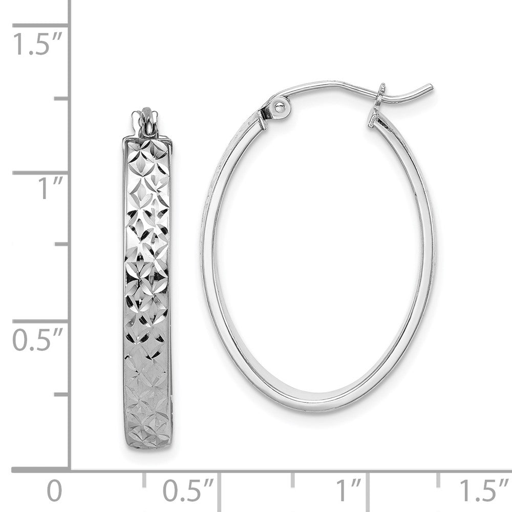 Rhodium-plated Sterling Silver Diamond-cut Oval Hoop Earrings