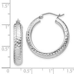 Rhodium-plated Sterling Silver Diamond-cut 5x25mm Hoop Earrings