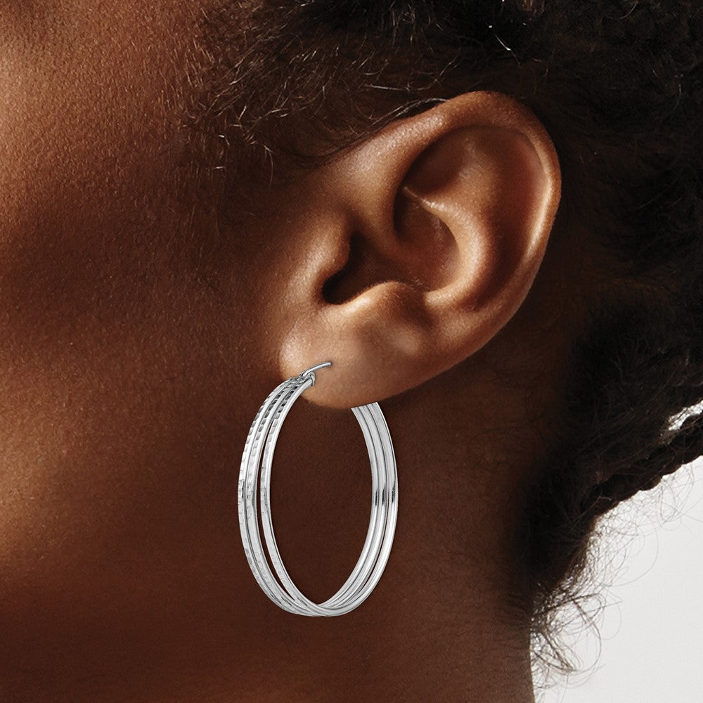 Rhodium-plated Sterling Silver Textured Fancy Hoop Earrings