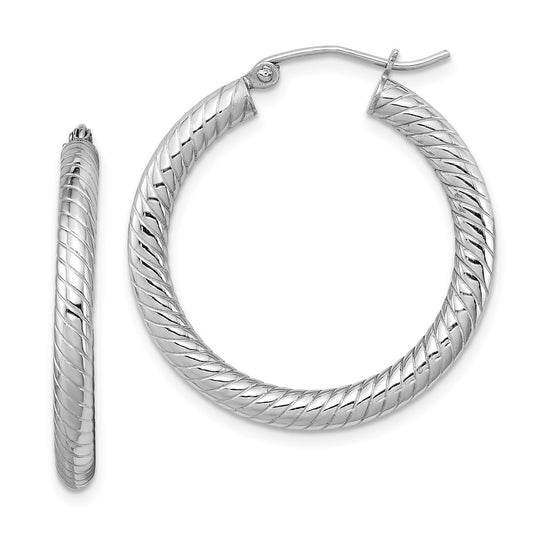 Rhodium-plated Sterling Silver Textured 3.00mm Hoop Earrings