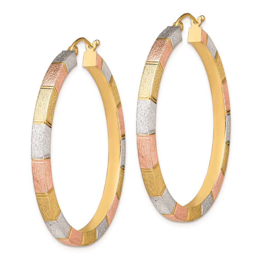 Rhodium-plated Sterling Silver Rose Yellow Vermeil Diamond-cut 3x40mm Hoop Earrings