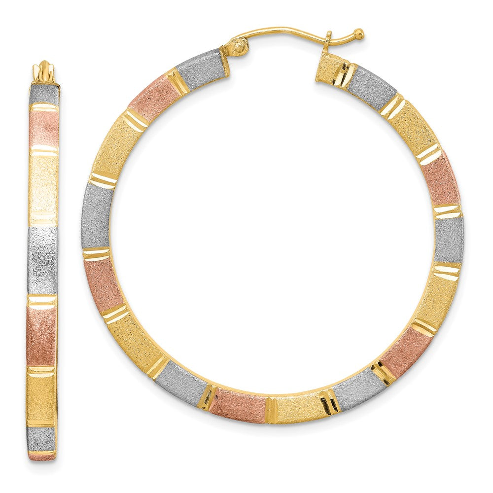 Rhodium-plated Sterling Silver Rose Yellow Vermeil Diamond-cut 3x40mm Hoop Earrings